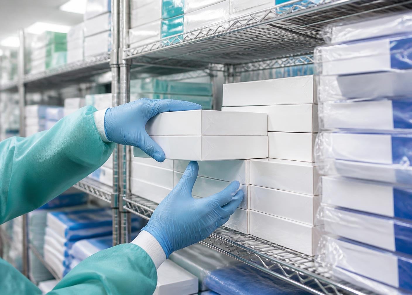 Profissional conferindo o estoque de materiais hospitalares em centro de distribuição